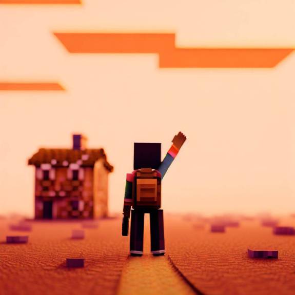 A Minecraft character waving goodbye to a house in an orange scenery.