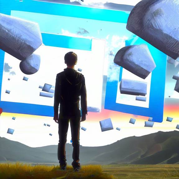 A user viewed from the back in a scenic Landscape standing in front of a large screen with 3D website components coming out of the screen. Digital Art.